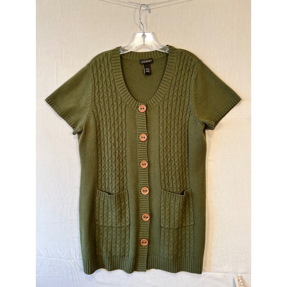 Lane Bryant Olive Green Cable Knit Short Sleeve Button Front Cardigan 14/16